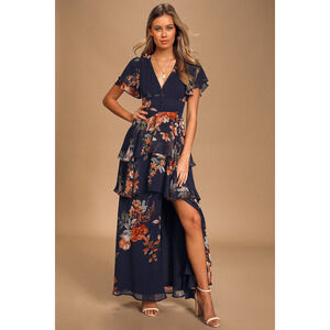 Lulus Navy Blue Floral Print Tiered Maxi Dress - Size S